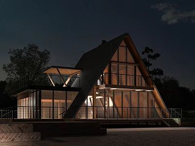 Modern Boutique Guesthouse with Triangular Roof Large Glass Windows Illuminated at Night Surrounded by Trees 3d model