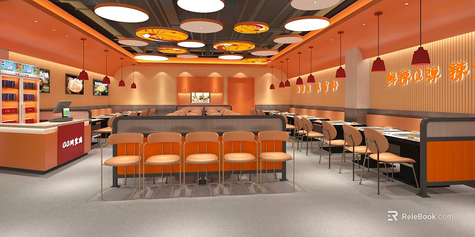Modern Restaurant Interior With Orange Chairs Pendant Lights And Dining Tables 3d model 