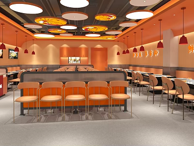 Modern Restaurant Interior With Orange Chairs Pendant Lights And Dining Tables 3d model