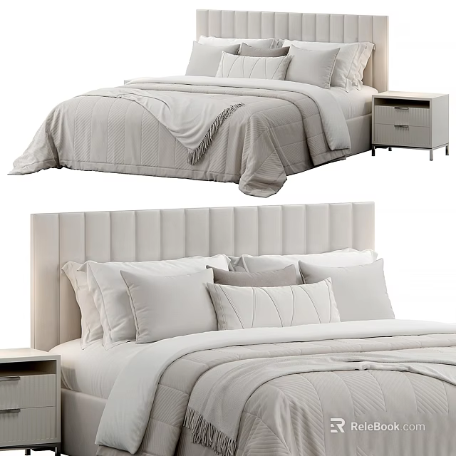Elegant Modern Bedroom Interior With Upholstered Headboard Pillows And Bedside Table 3d model 