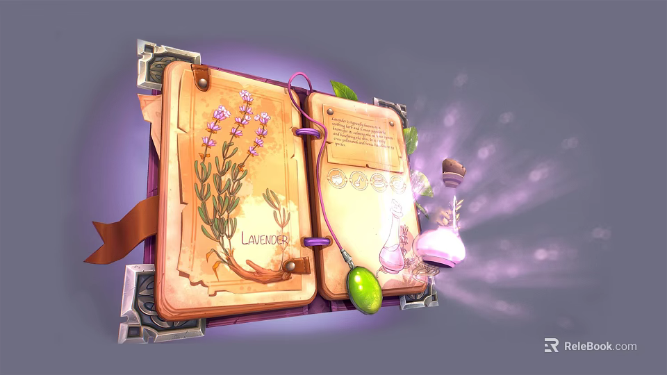 Lavender Herbal Book Open With Illustration Decorative Border Text And Bottles On Pages 3d model 