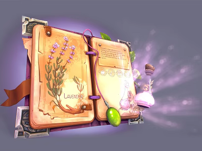 Lavender Herbal Book Open With Illustration Decorative Border Text And Bottles On Pages 3d model