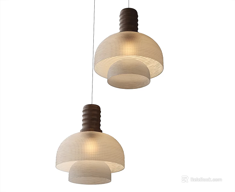 Two Modern Woven Pendant Lights With Wooden Accents And Warm Glow 3d model 