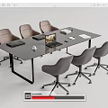 Modern Black Conference Table With Six Gray Chairs Laptop Documents And Coffee Cup