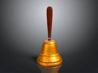 Golden Bell with Wooden Handle and Polished Brass Surface on Black Background 3d model