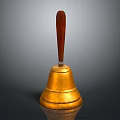 Golden Bell with Wooden Handle and Polished Brass Surface on Black Background