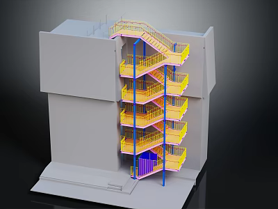 Building Model With Multi Storey Structure Yellow Stairs Blue Pillars And Railings 3d model