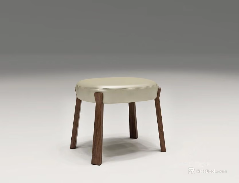 Beige Round Seat Stool With Dark Brown Wooden Legs Minimalist Design 3d model 