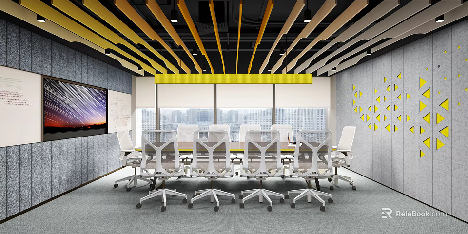 Modern Conference Room With Yellow Black Striped Ceiling Large Windows And City View 3d model 