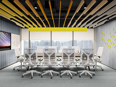 Modern Conference Room With Yellow Black Striped Ceiling Large Windows And City View 3d model