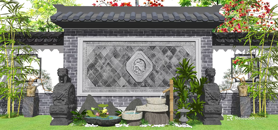 Chinese Style Courtyard Garden With Brick Carving Screen Wall Stone Lions And Fountain 3d model 