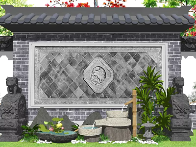 Chinese Style Courtyard Garden With Brick Carving Screen Wall Stone Lions And Fountain 3d model