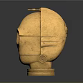 Golden Robot Head Furniture Decorative Piece With Metallic Finish Orange Light Eyes Black Base Stand