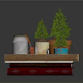 Small Potted Plants Displayed On Wooden Tray With Glass Jar And Red Books