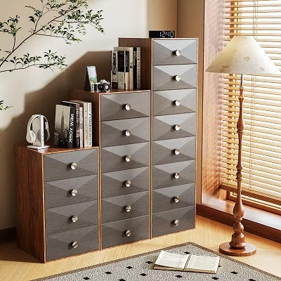 Gray Storage Cabinet With Drawers Silver Knobs Decorative Books And Table Lamp Near Window 3d model