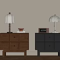 Wooden and Black Bedside Tables With White Lampshades And Decor Items