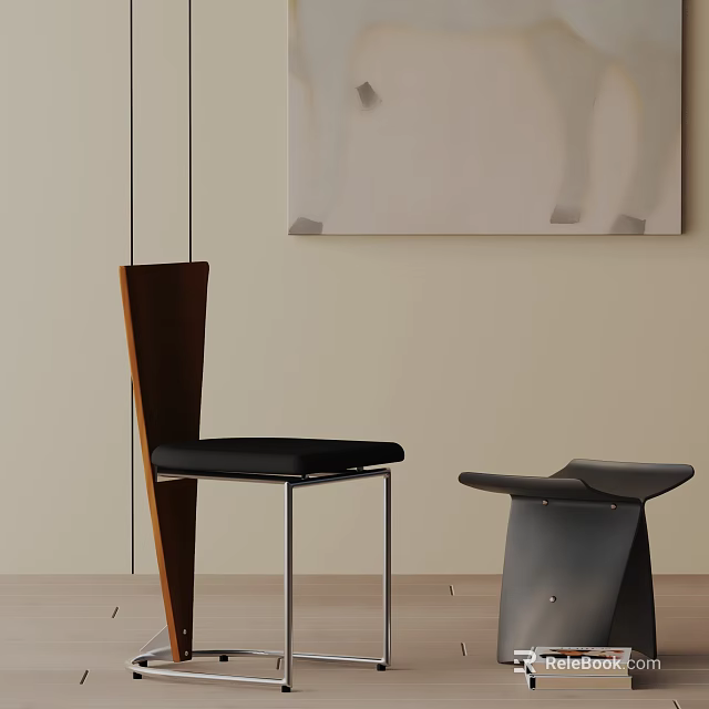 Stylish Modern Dining Chairs With Wooden Metal Frame And Black Gray Cushion Design 3d model 