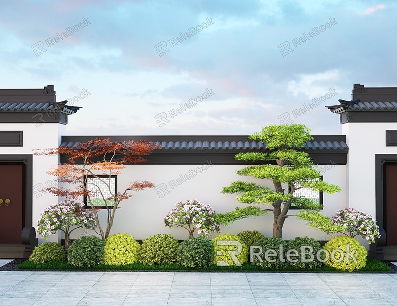 New Chinese Courtyard Landscape Flower Border Plants Flower Group Pine Red Maple Plant Collocation Spherical Shrub Net Safflower Plant Combination model