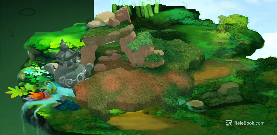 Natural Scenic Landscape With Rocky Formations Lush Green Plants And Flowing Stream 3d model 