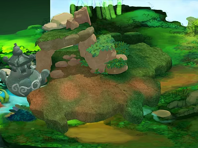 Natural Scenic Landscape With Rocky Formations Lush Green Plants And Flowing Stream 3d model