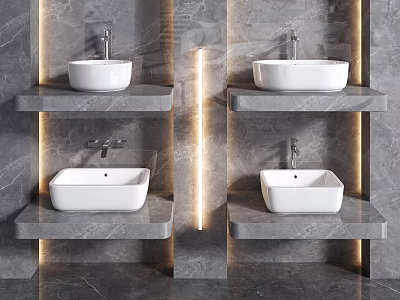 Elegant Marble Wall Mounted Washbasin With Illuminated Countertop And Shelves 3d model