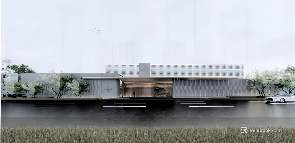 Modern Minimalist Sales Office Building With Glass Façade Waterfront And Greenery 3d model 