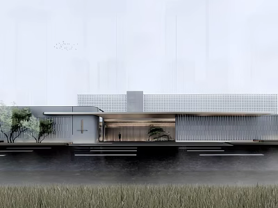 Modern Minimalist Sales Office Building With Glass Façade Waterfront And Greenery 3d model