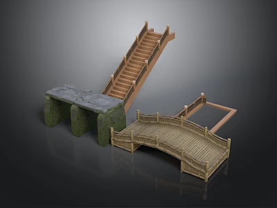 Landscape Components Featuring Wooden Stairs Stone Bridge And Stone Pedestals 3d model