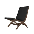 Black Leather Upholstered Lounge Chair with Brown Wooden Frame and Modern Cross Leg Design