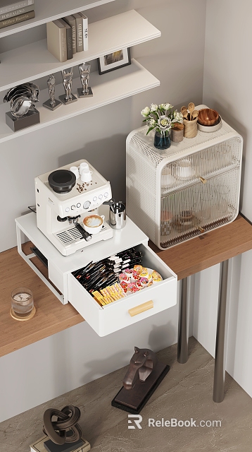 Desk Featuring Coffee Machine Open Drawer With Snacks White Storage Cabinet And Small Candle 3d model 