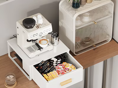 Desk Featuring Coffee Machine Open Drawer With Snacks White Storage Cabinet And Small Candle 3d model
