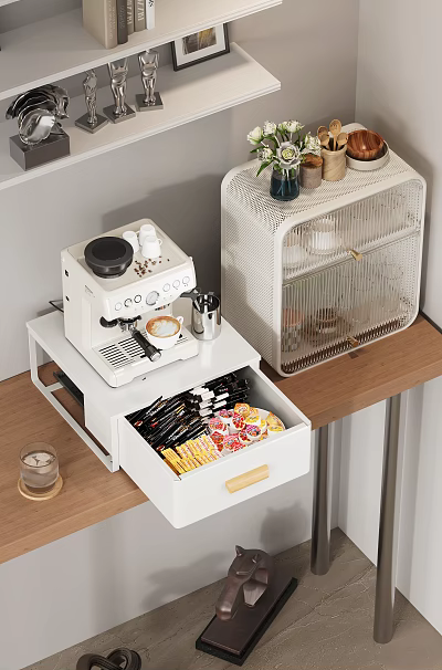 Desk Featuring Coffee Machine Open Drawer With Snacks White Storage Cabinet And Small Candle 3d model
