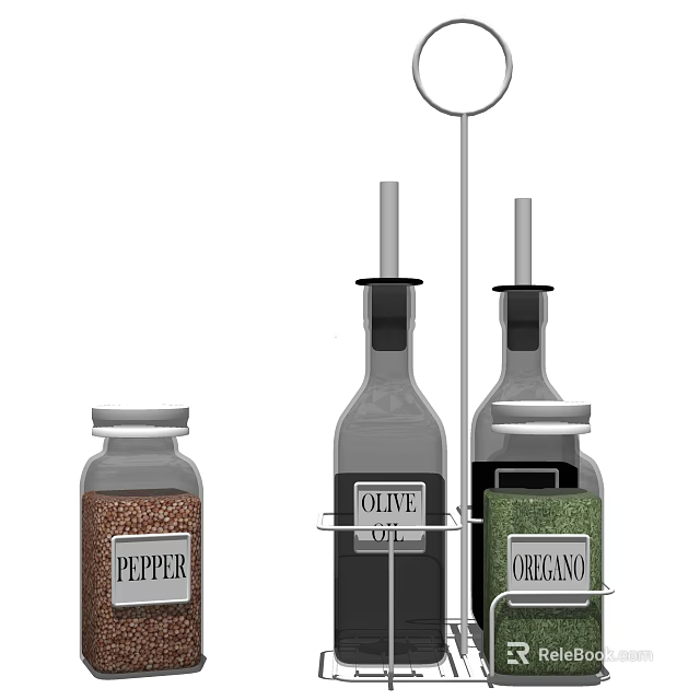 Organized Kitchen Spice Bottles Rack With Olive Oil Pepper And Oregano Jars 3d model 