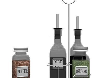 Organized Kitchen Spice Bottles Rack With Olive Oil Pepper And Oregano Jars 3d model