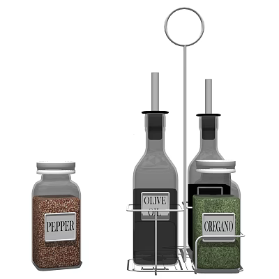 Organized Kitchen Spice Bottles Rack With Olive Oil Pepper And Oregano Jars 3d model