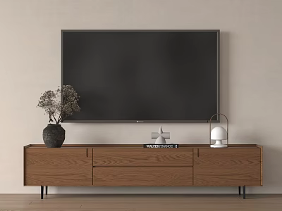 Modern Wooden TV Stand With Brown Finish Drawers Cabinets Black Vase Dried Flowers White Lamp 3d model
