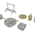 Traditional Agricultural Equipment Display With Millstone Rake Straw Hat Baskets And Stone Mortar