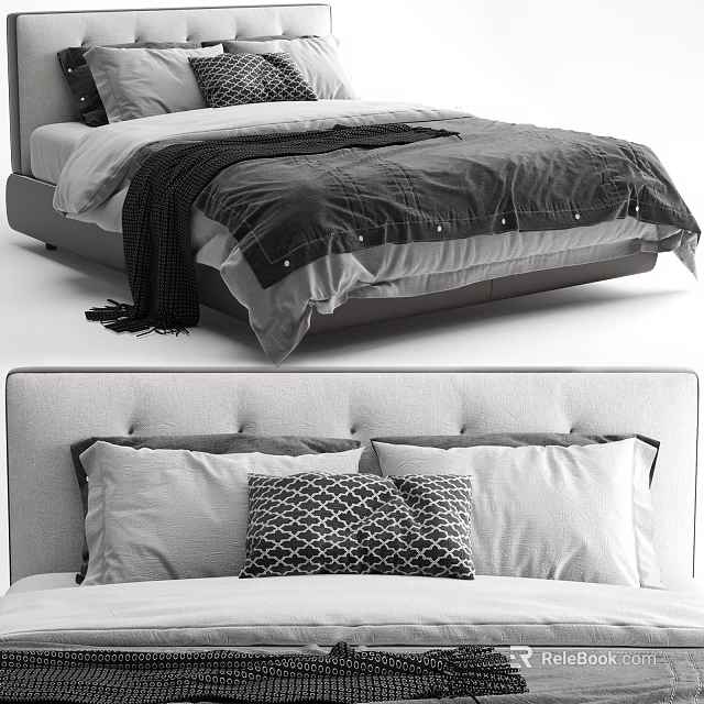 Modern Double Bed With Tufted Headboard Decorative Pillows And Soft Blanket 3d model