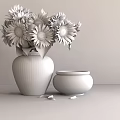 Sunflower Bouquet In Dark Ceramic Vase With Small Clay Pot On Wooden Table