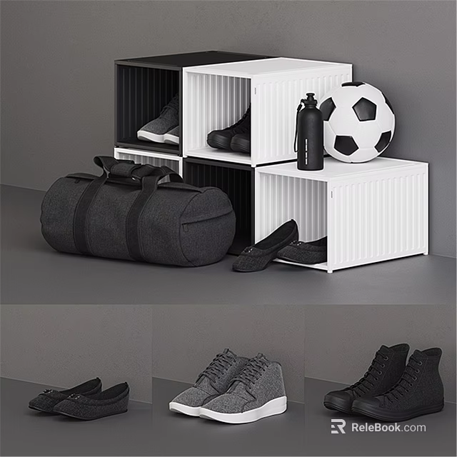 Modern Clothes Storage With White Black Shelves Shoes Bag And Soccer Ball 3d model 