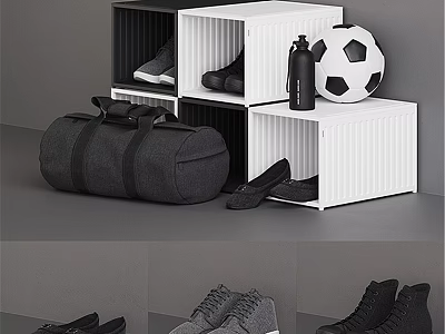 Modern Clothes Storage With White Black Shelves Shoes Bag And Soccer Ball 3d model