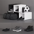 Modern Clothes Storage With White Black Shelves Shoes Bag And Soccer Ball