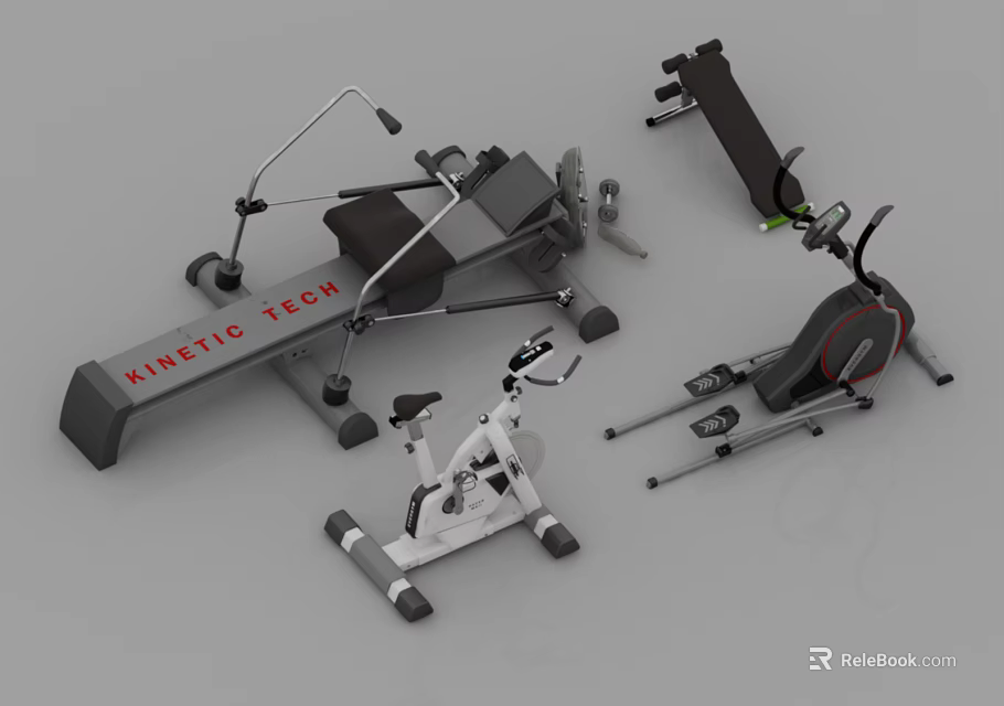 Home Gym Sports Equipment Including Rowing Machine Stationary Bike Dumbbells And Fitness Bench 3d model 