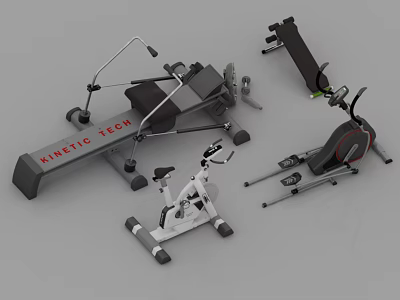 Home Gym Sports Equipment Including Rowing Machine Stationary Bike Dumbbells And Fitness Bench 3d model