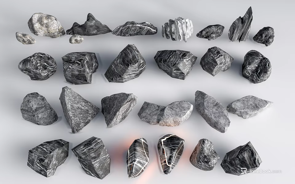 Gray Natural Stones in Various Shapes and Sizes Arranged on White Background 3d model 
