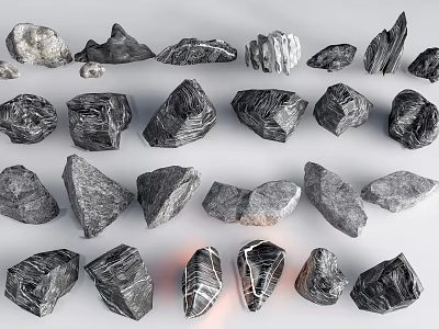 Gray Natural Stones in Various Shapes and Sizes Arranged on White Background 3d model