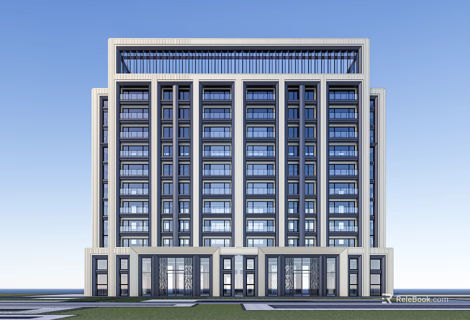Modern Multi Storey Building Exterior With Light Colored Facade Dark Accents And Grid Roof Design 3d model 