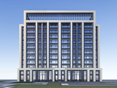 Modern Multi Storey Building Exterior With Light Colored Facade Dark Accents And Grid Roof Design 3d model