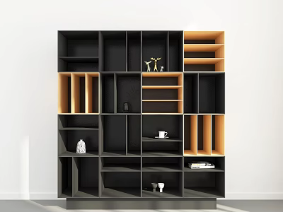 Modern Storage Cabinet Shelf With Black And Wood Tone Geometric Grid Design And Decorative Items 3d model