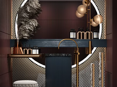 Modern Luxury Bathroom Vanity With Round Mirror Gold Faucet Marble Countertop Grid Backdrop And Toiletries 3d model
